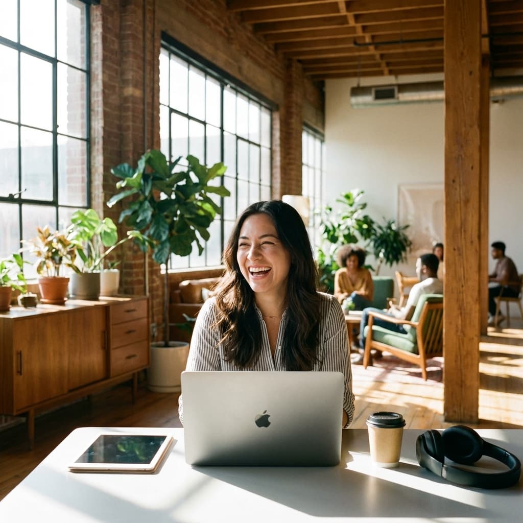 Smiling engineer working on laptop